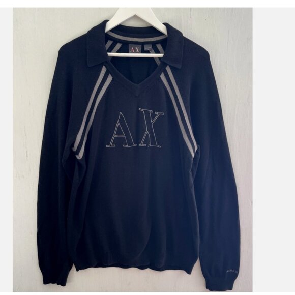 ARMANI EXCHANGE Black Logo V Neck Collared Pullover Sweater Size L - Picture 1 of 4